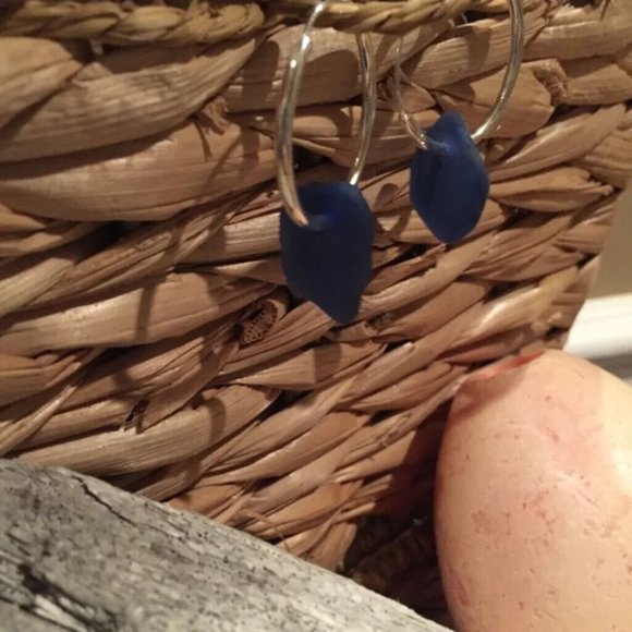 Cobalt Blue Sea Glass Hoop Earrings - Picture 4 of 5
